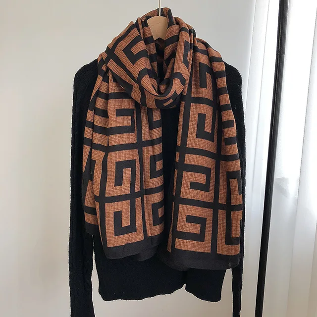 Brown Checker Printed Viscose Scarf