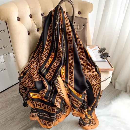 Black F chain Printed Silk Scarf