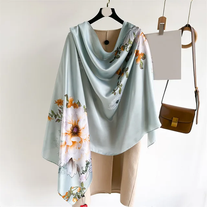 Teal Autumn Breeze Printed Silk Scarf