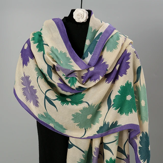 Green Flower Printed Viscose Scarf