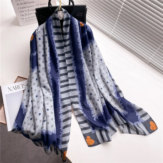 Blue Cream Heart Printed Viscose Scarf