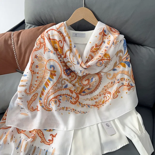 Orange White Mehendi Printed Viscose Scarf