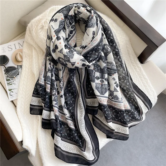 Black Autumn Abstract Printed Viscose Scarf