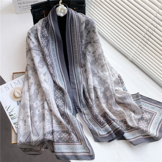 Gray Autumn Abstract Printed Viscose Scarf