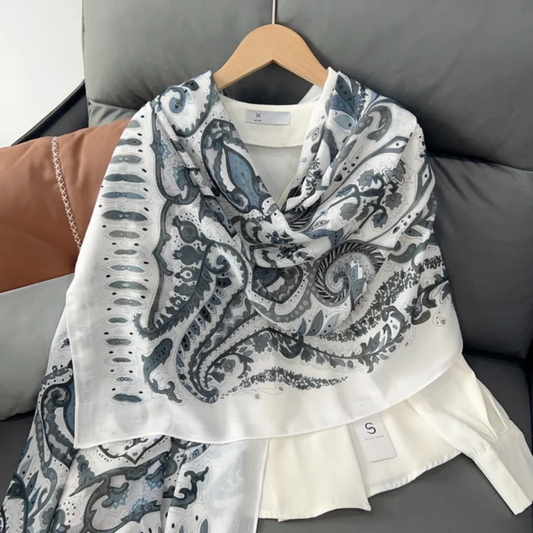 Gray White Mehendi Printed Viscose Scarf