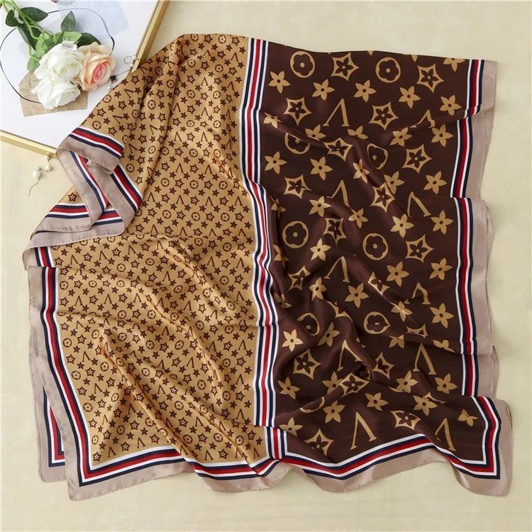 Brown L BrandPrinted Silk Scarf