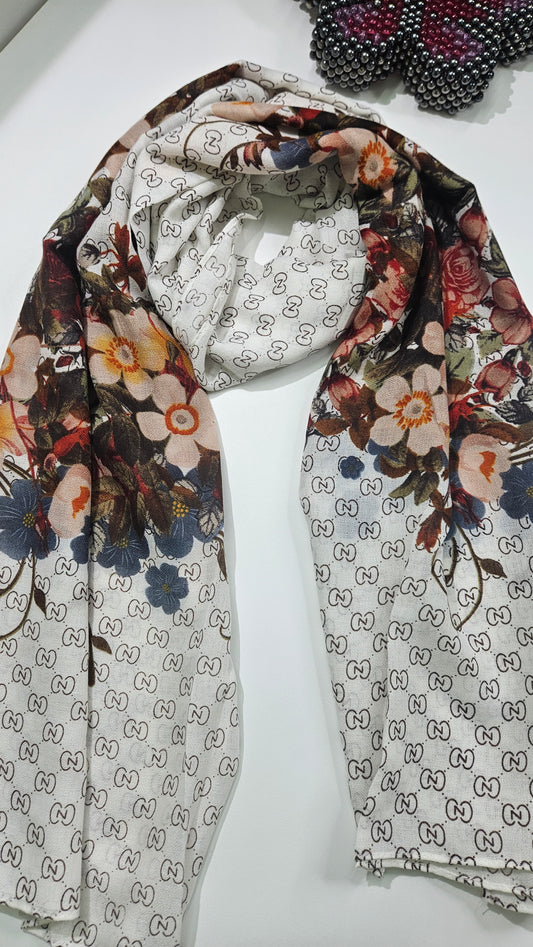 White Ink Floral  Printed Viscose Scarf