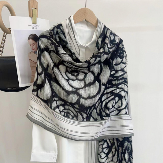 Silver Vintage Rose Printed Viscose Scarf