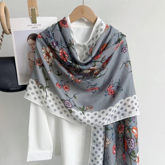 Grey Dot Floral Bloom Printed Viscose Scarf