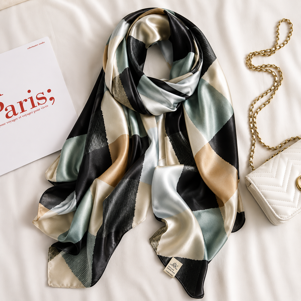 Green Stripes Squares Printed Silk Scarf