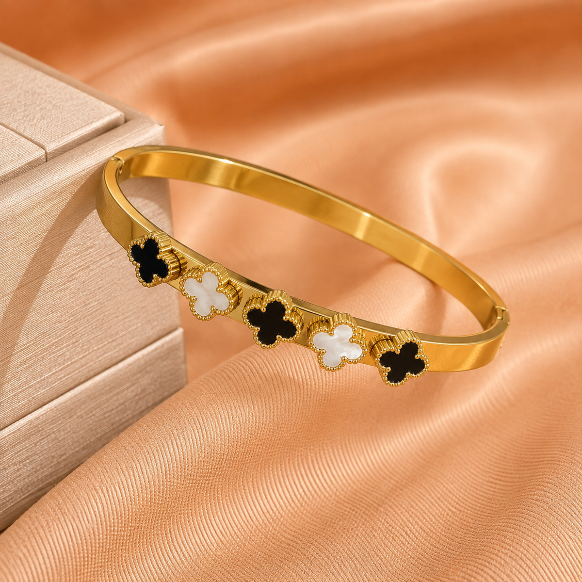 Black White Grace Gold-Tone Anti-Tarnish Bangle Bracelet