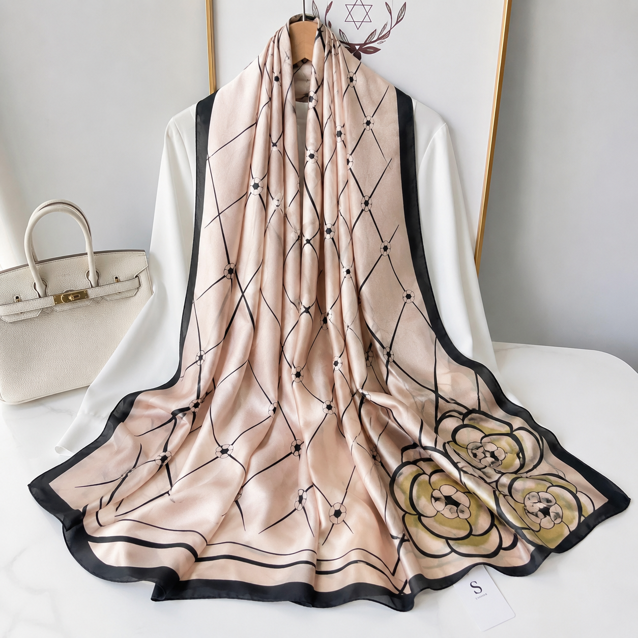 Beige Square Rose Printed Silk Scarf