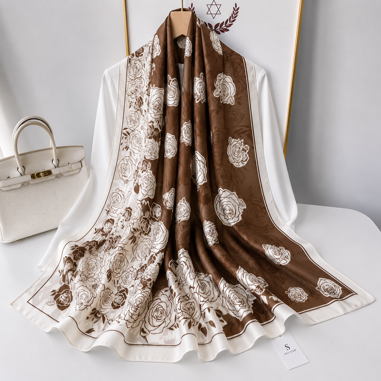 Latte Rose Whisper Printed Silk Scarf