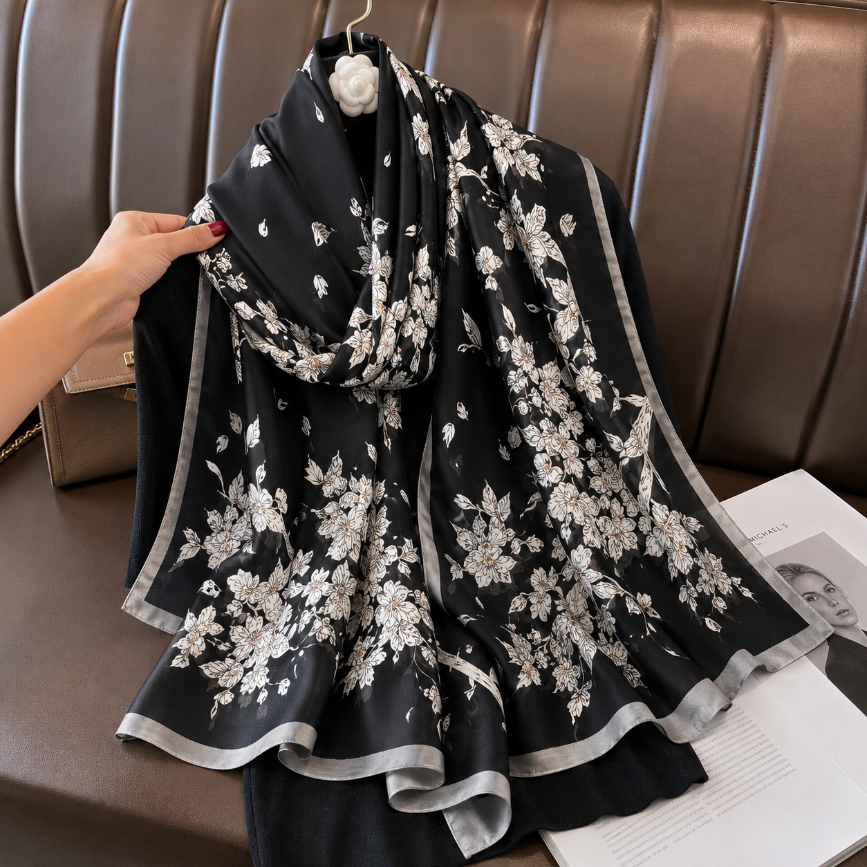 Black Autumn Dusk Printed Silk Scarf