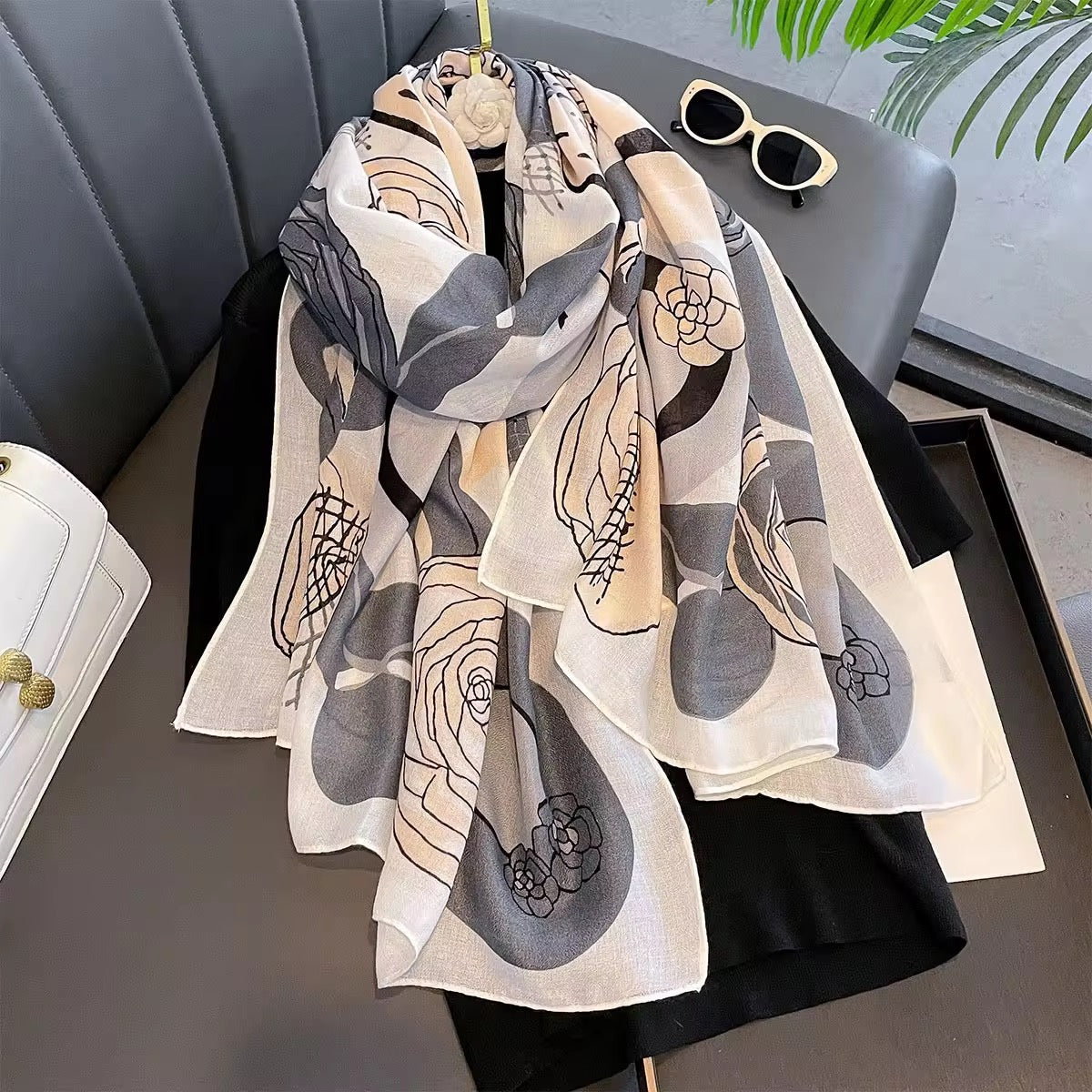 Peach Abstract Rose Printed Viscose Scarf