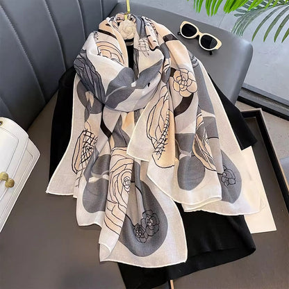 Peach Abstract Rose Printed Viscose Scarf