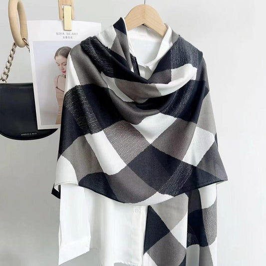 Gray Black Squares Printed Viscose Scarf