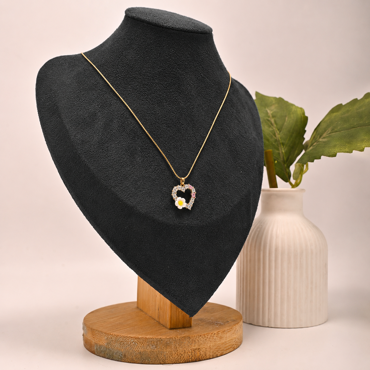 Flower Stone Heart Gold-Tone Anti-Tarnish Necklace