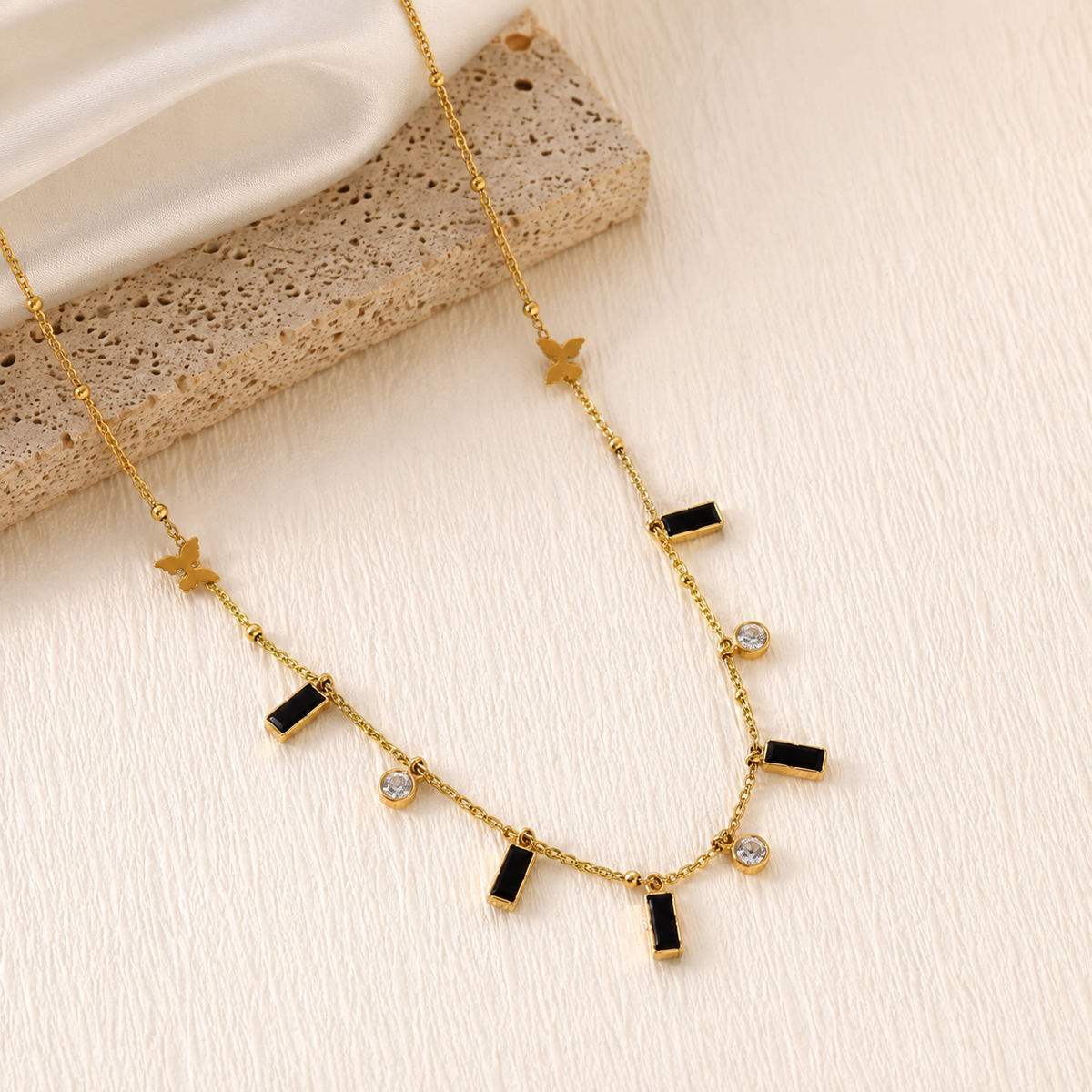 Black And White Stone Gold-Tone Anti-Tarnish Necklace