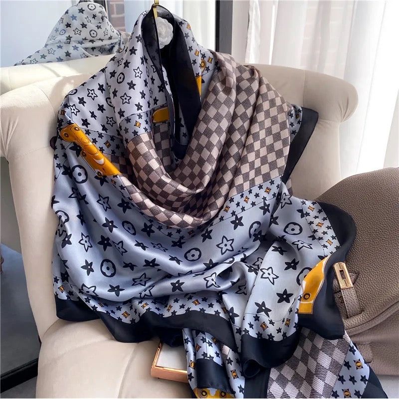 Black Checks L Brand Printed Silk Scarf