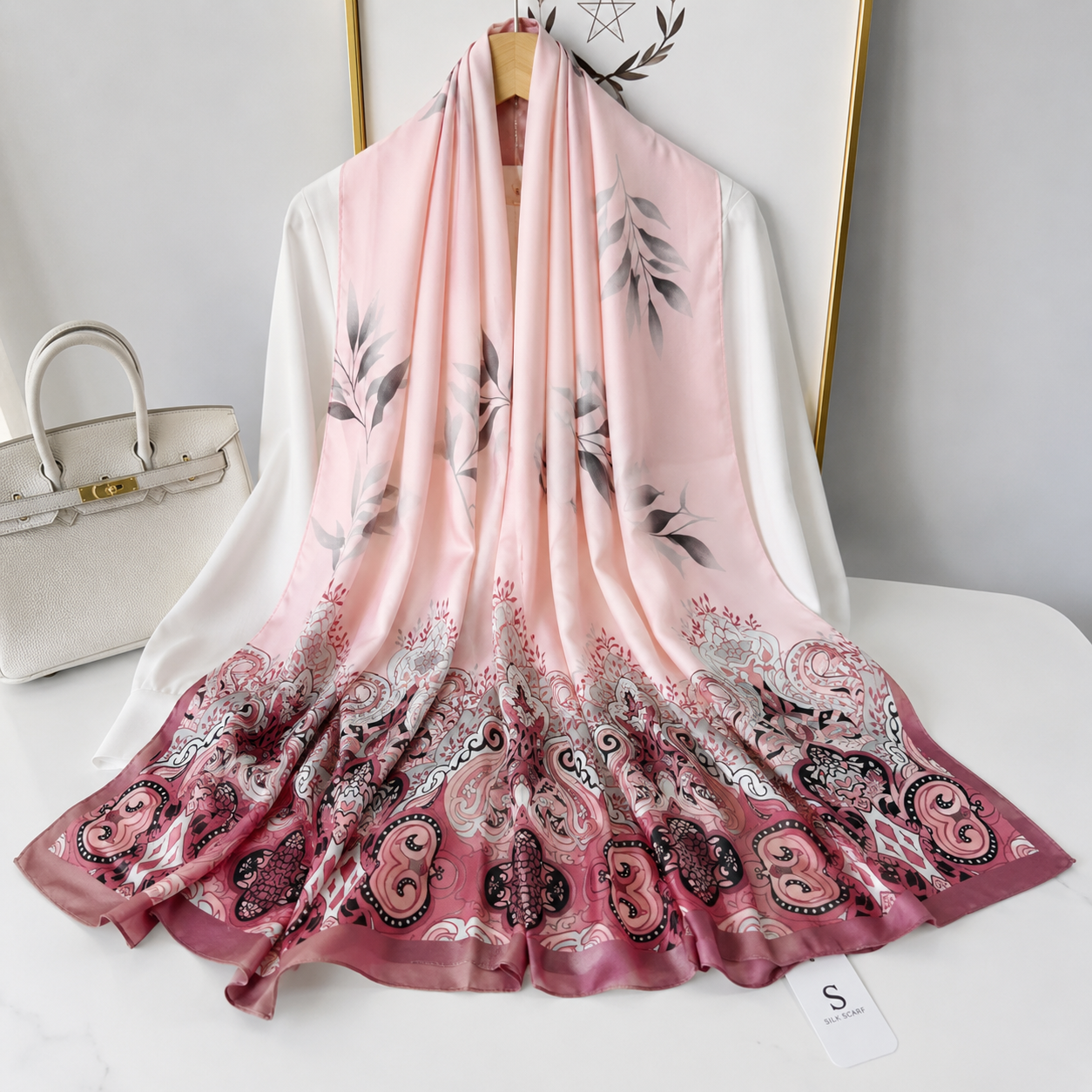 Pink Celestial Bloom Printed Silk Scarf