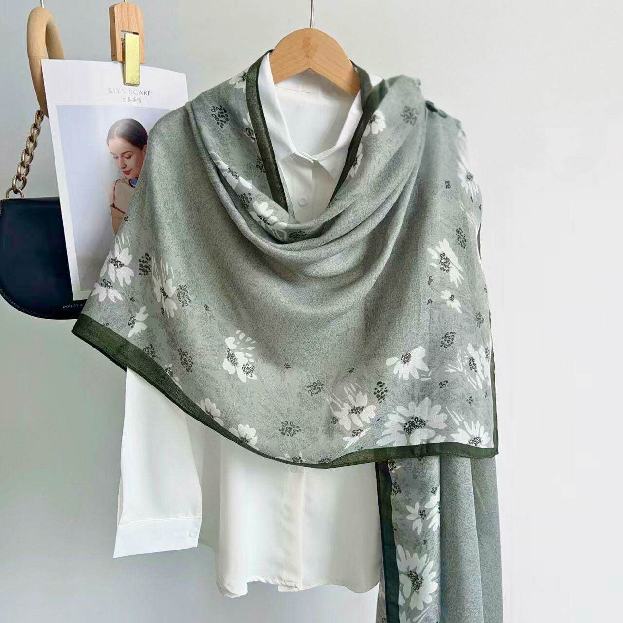 Sage Dhalia Printed Viscose Scarf