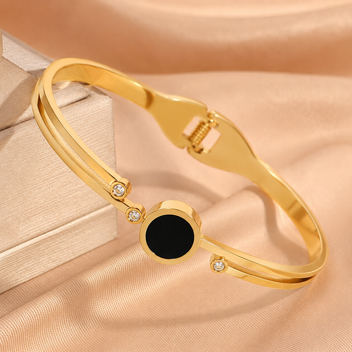 Black  With Stone Gold-Tone Anti-Tarnish Bangle Bracelet