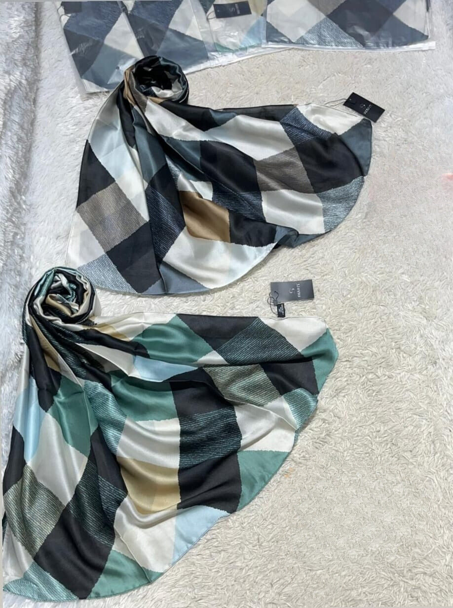 Green Strips Squares Printed Silk Scarf