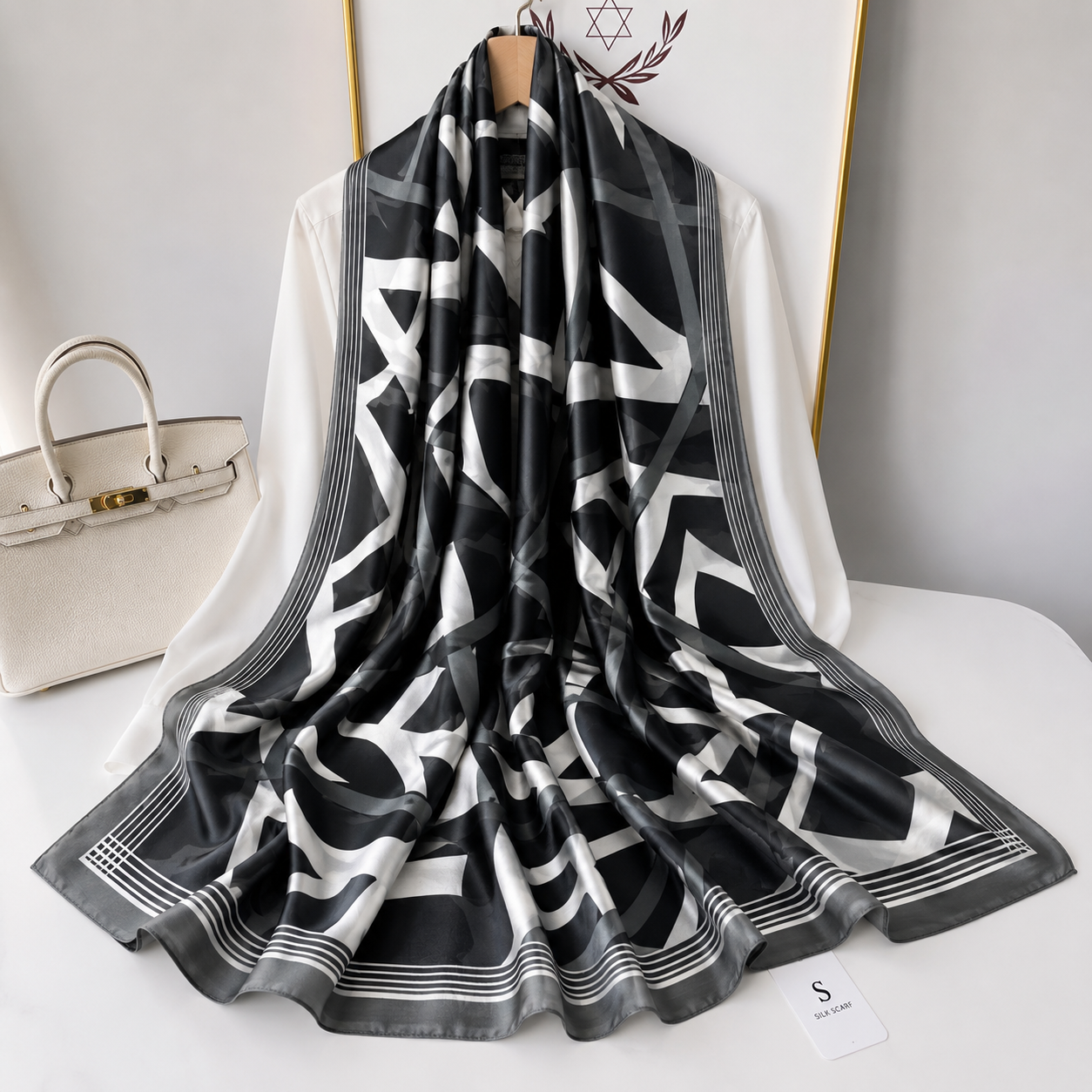 Black Marble Elegance Printed Silk Scarf