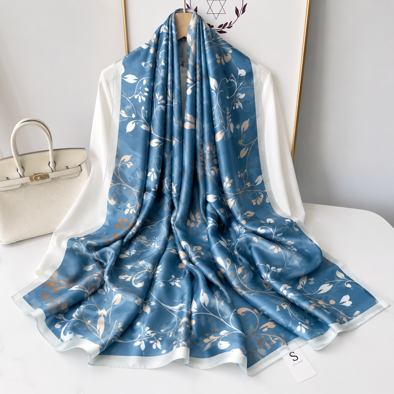 Blue Mirage Petal Printed Silk Scarf