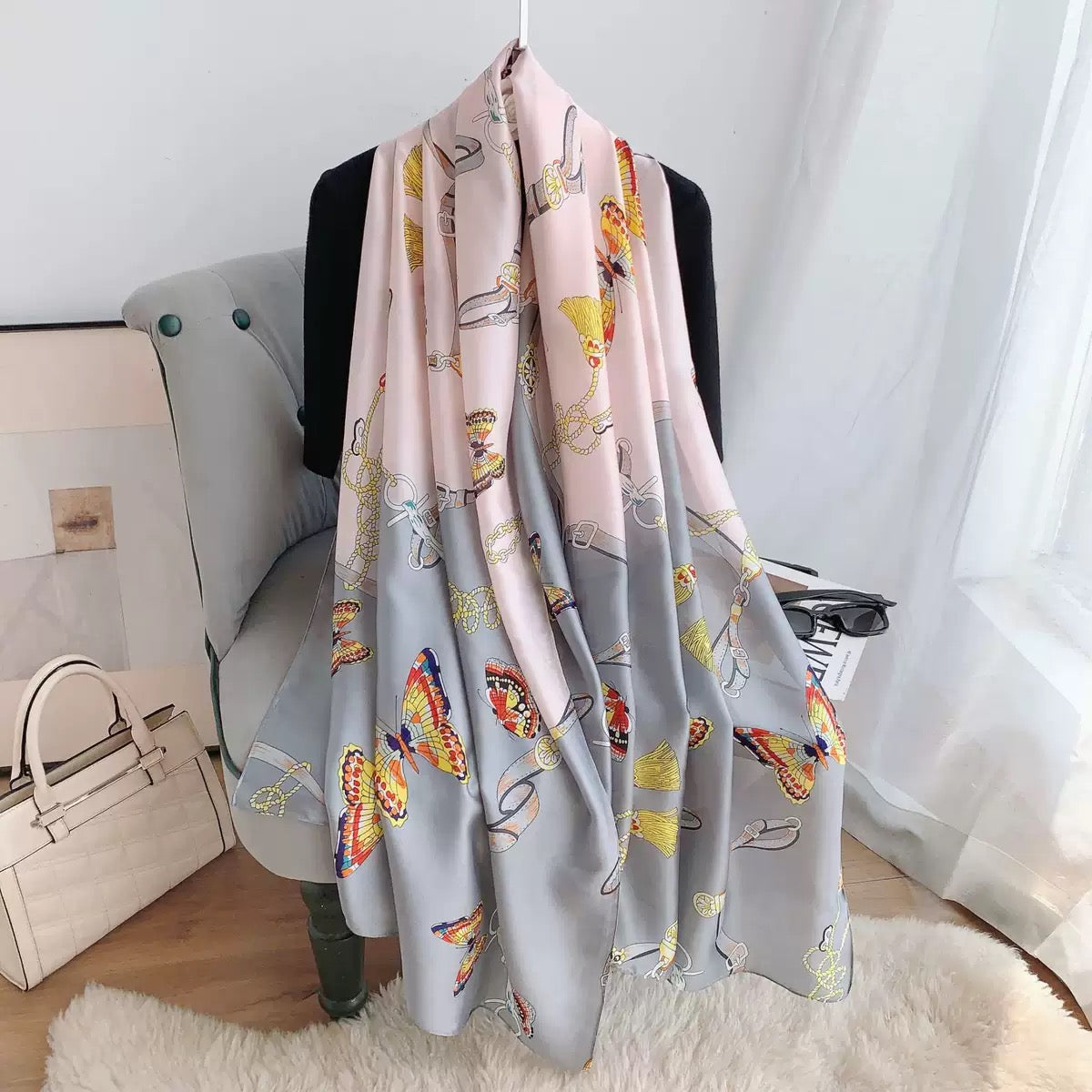 Silver Butterfly Printed Silk Scarf Summer Edition 26'