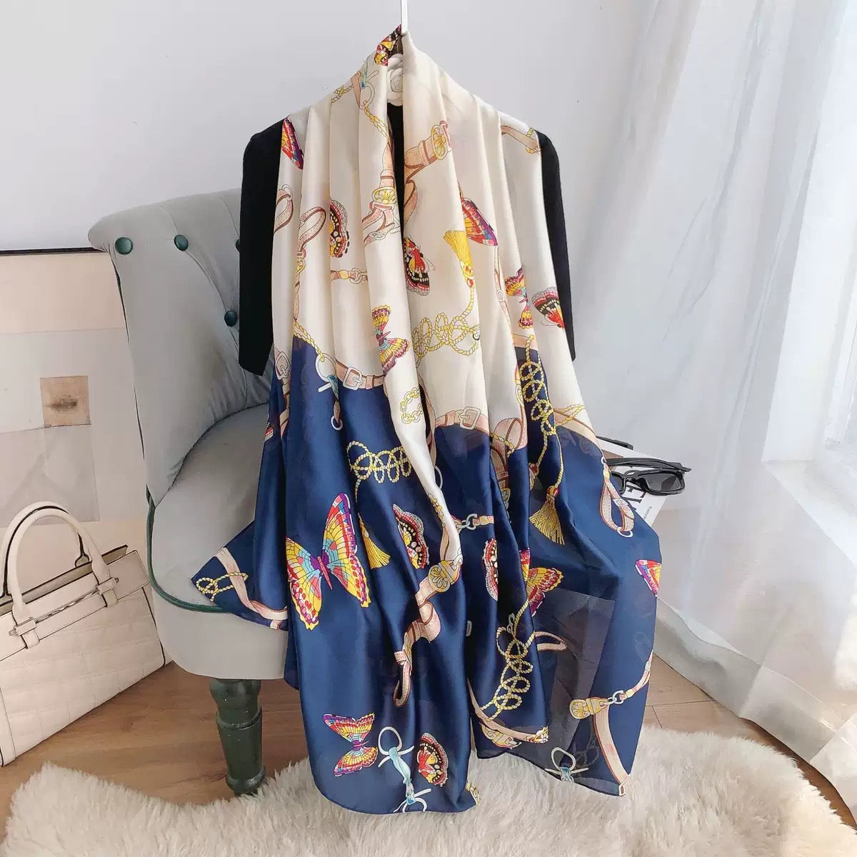 Blue Butterfly Printed Silk Scarf Summer Edition 26'