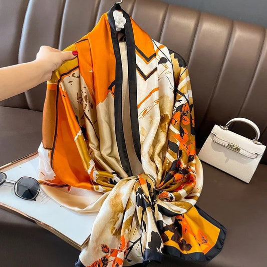 Lustrous Orange Printed Silk Scarf