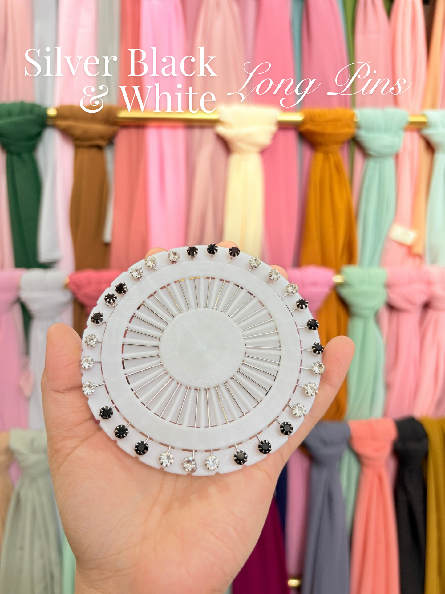 Silver Black & White Long Hijab Pins