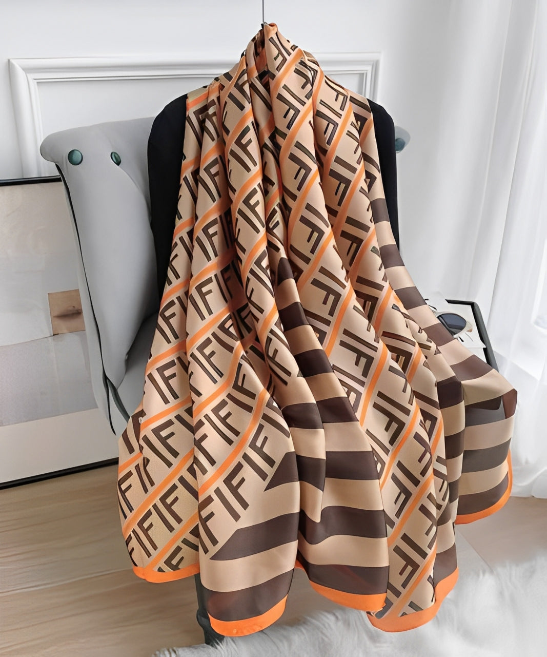 Brown FL Printed Silk Scarf