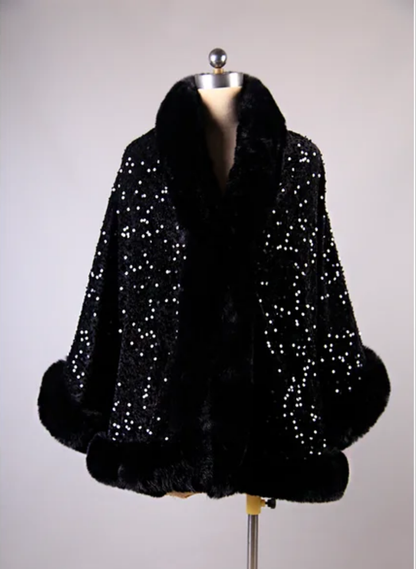 Full Black Sequence Party Poncho Shawl