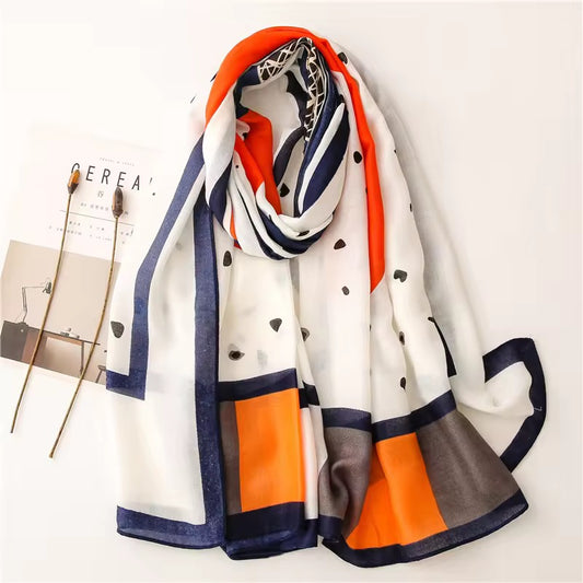 White Orange Printed Viscose Scarf