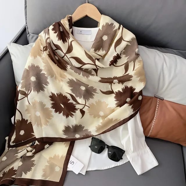 Brown Flower Printed Viscose Scarf