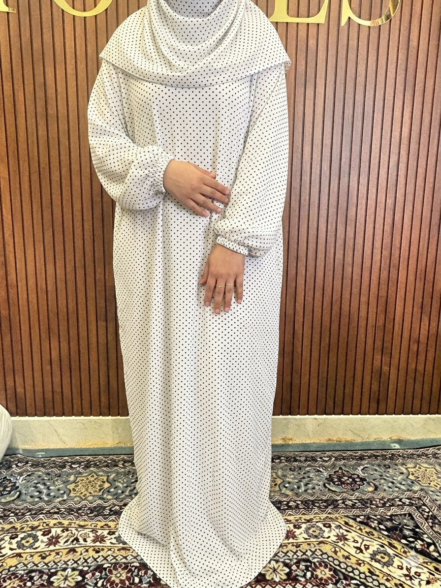 Jersey White Polka dot Prayer Dress with attached Makhna