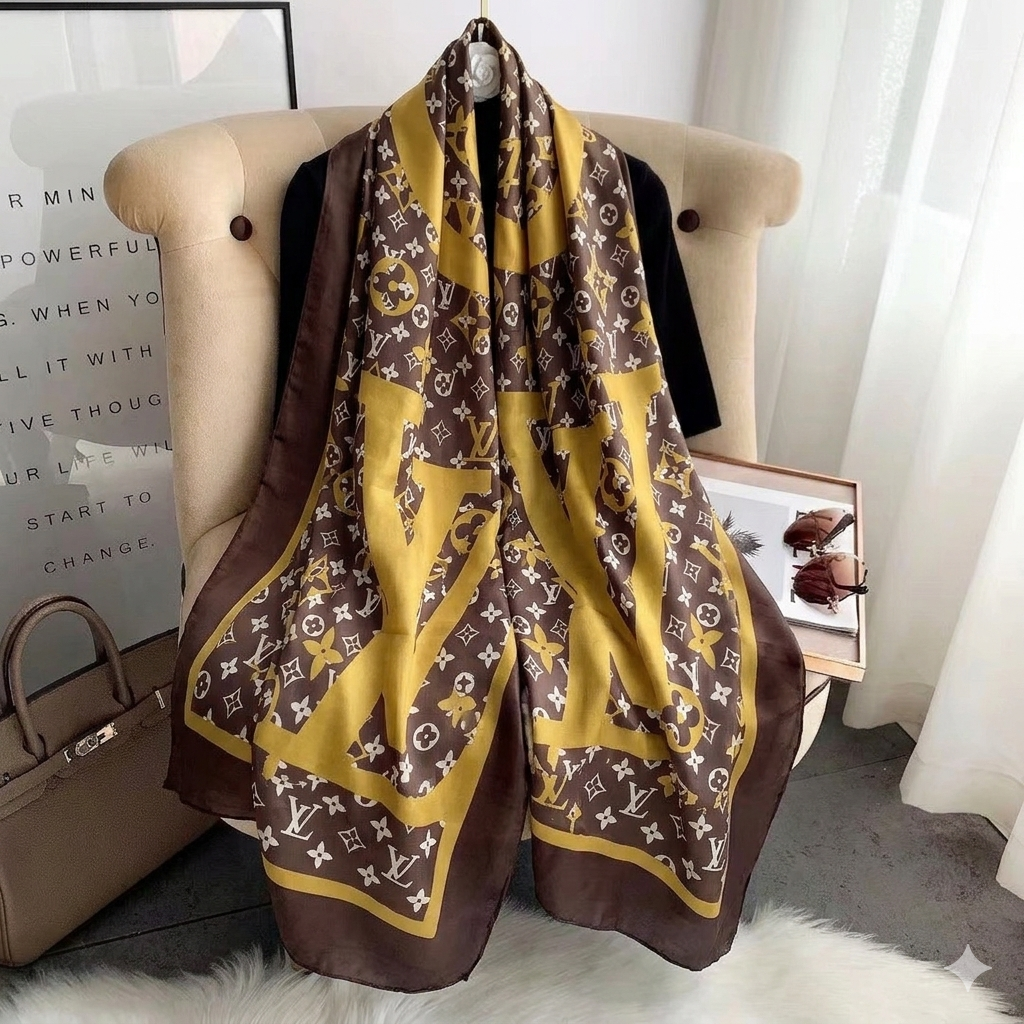 Gold Brown V Winter Printed Silk Scarf