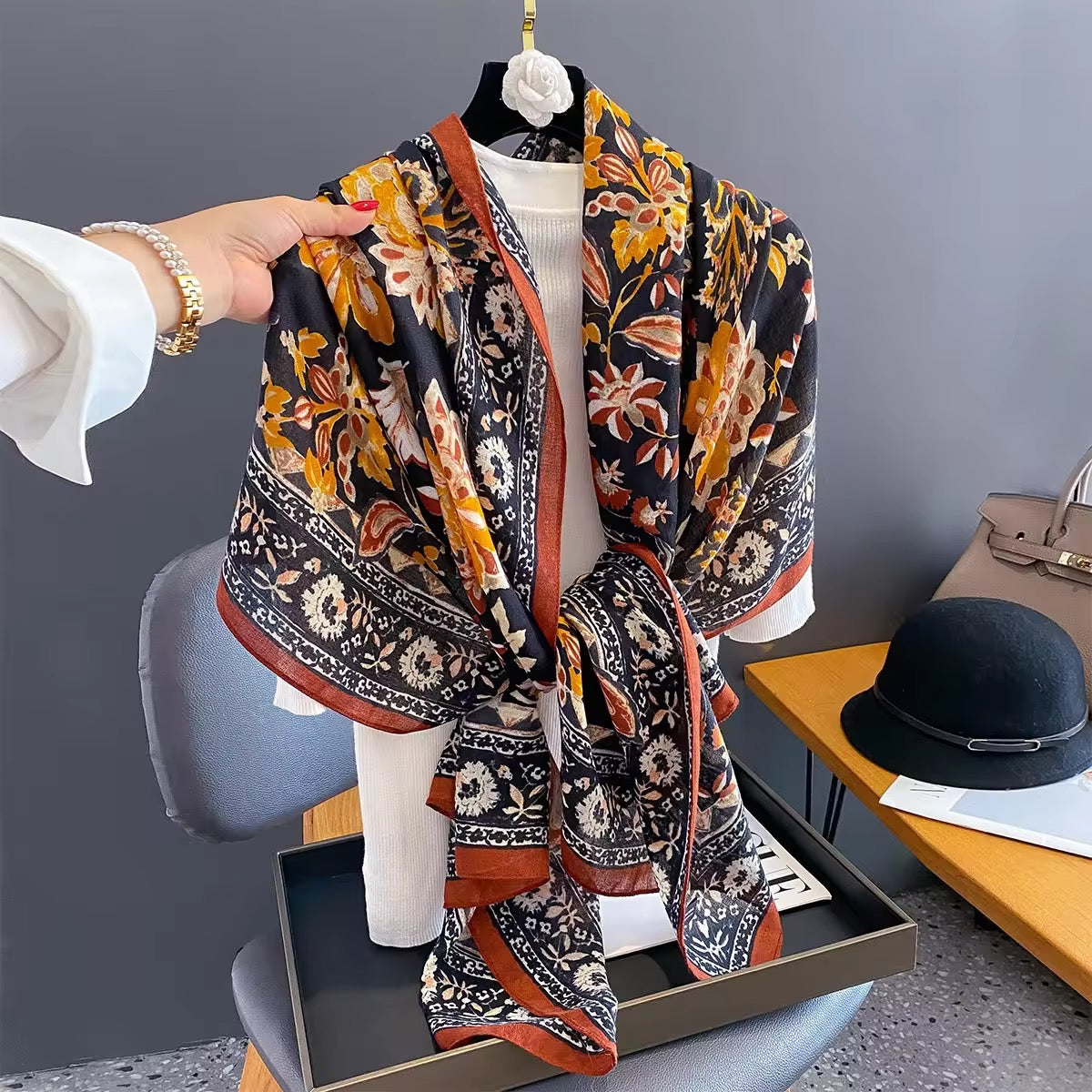 Black Iris Printed Viscose Scarf