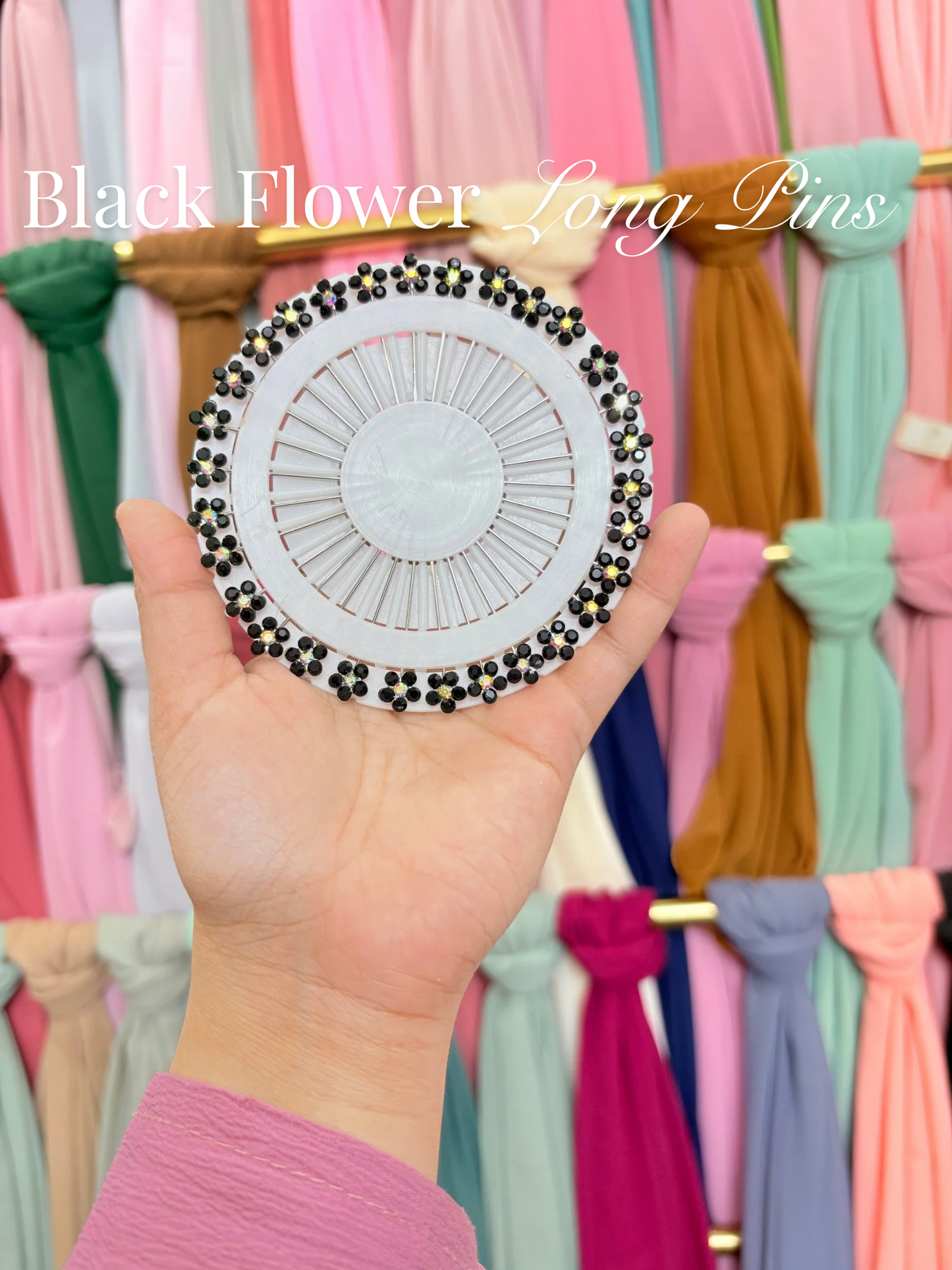 Black Flower Stone Long Hijab Pins