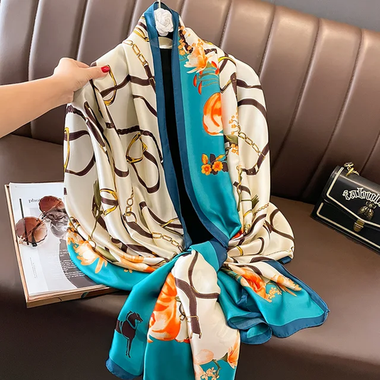 Teal Belt Flowers Printed Silk Scarf