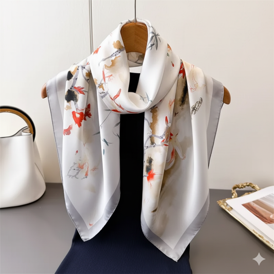 Silver Petal Bloom Print Silk Square Scarves 70 CM