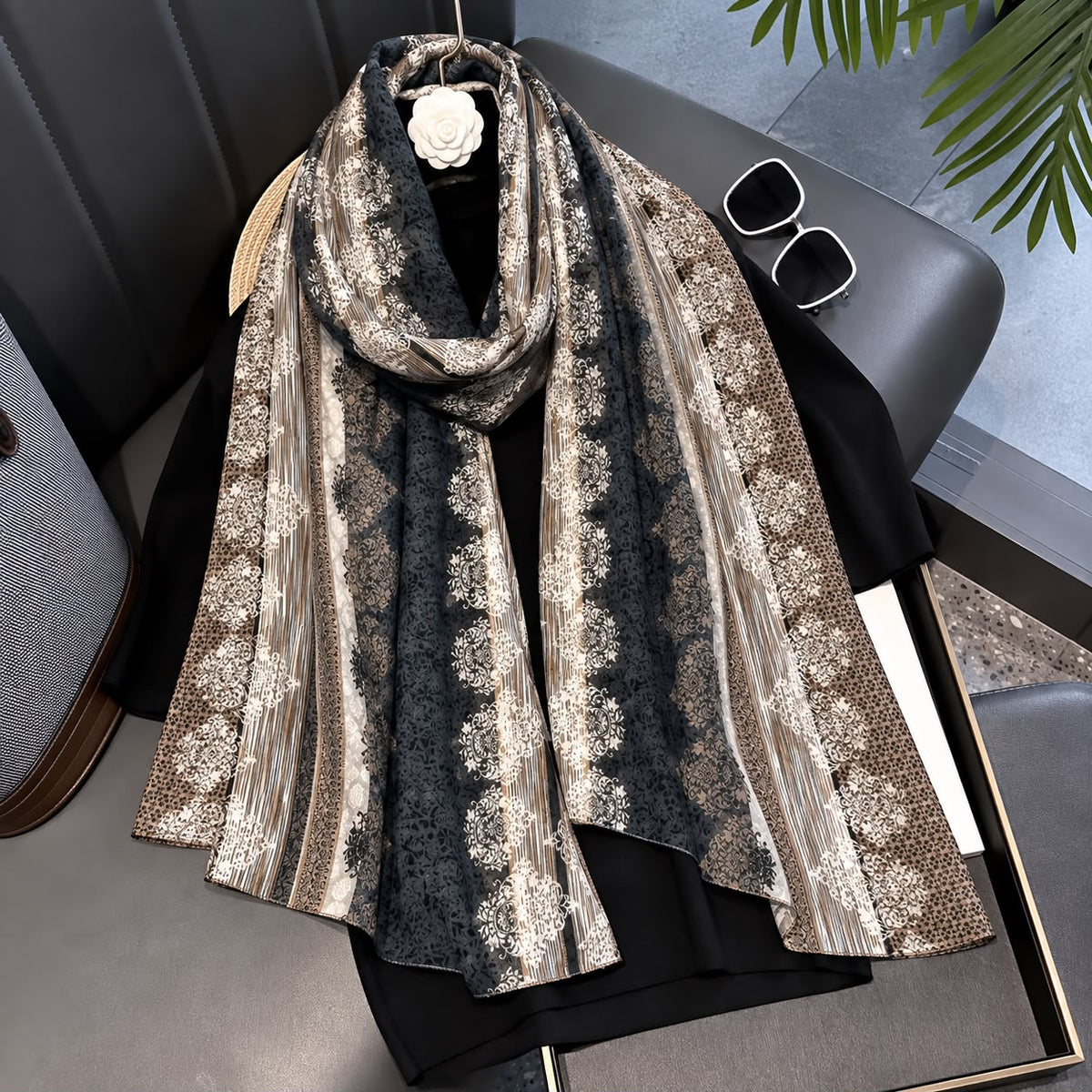 Black And Taupe Vintage Printed Viscose Scarf