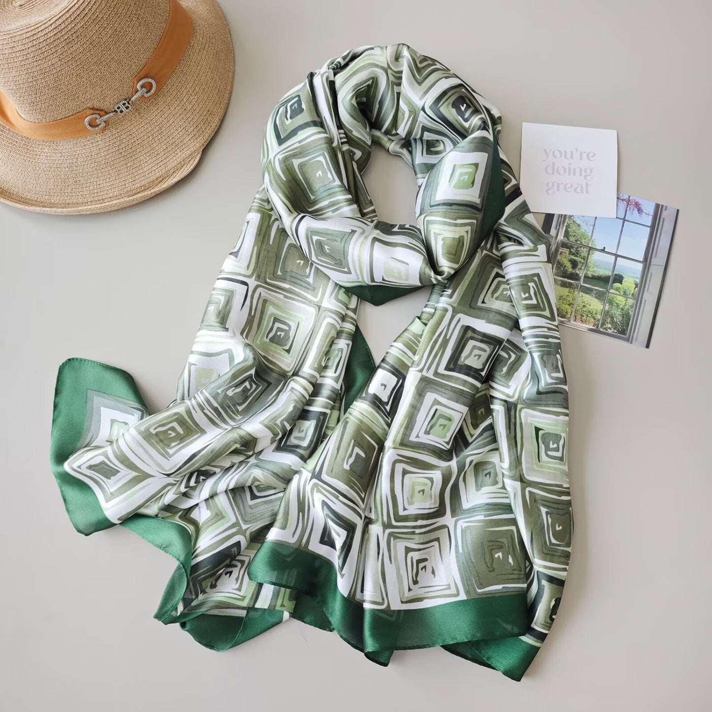 Green Grid Printed Silk Scarf Summer Edition 26'