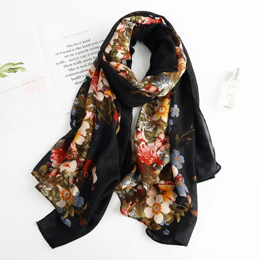 Black Ink Floral Printed Viscose Scarf