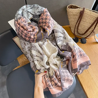 Light Peach Floral Check Printed Viscose Scarf