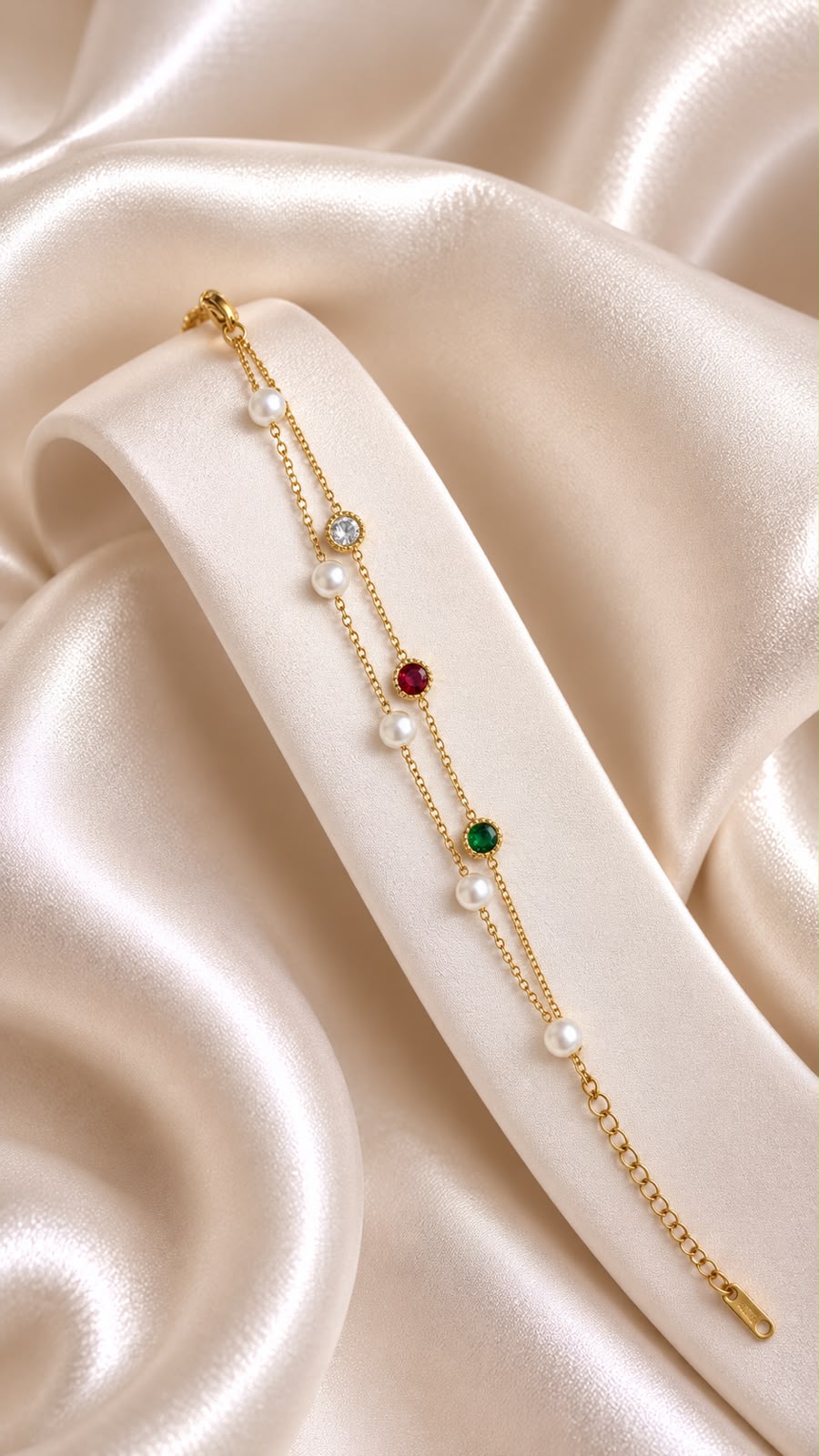 Multi Stone Layer Gold-Tone Anti-Tarnish Chain Bracelet