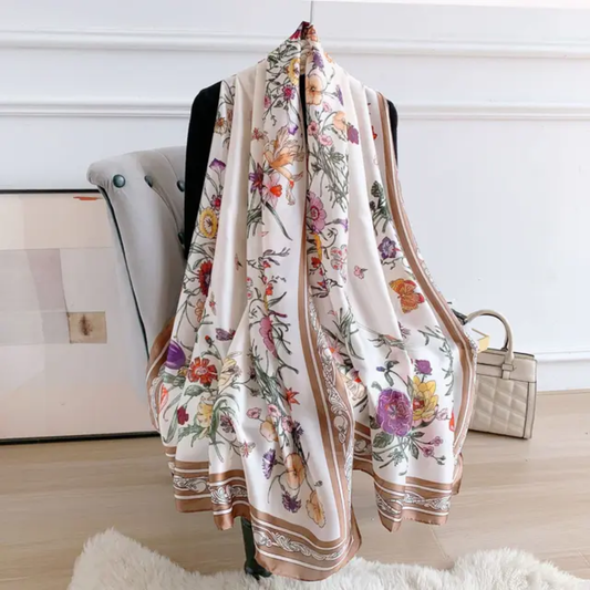 Brown Flower Garden Printed Silk Scarf